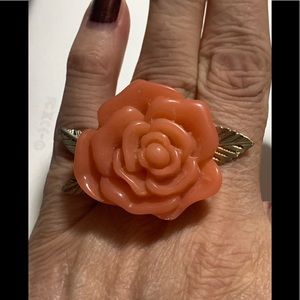 Lovely Statement Orange Flower w/Gold Leaves Ring
